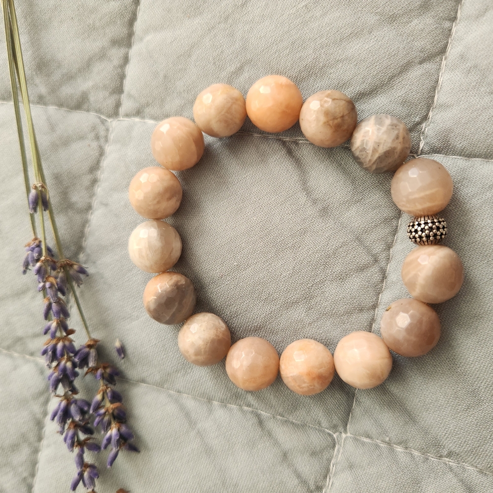 Sunstone Beaded Bracelet with Silver Accent, Tan